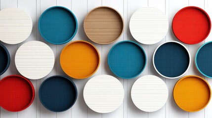 Poster - Colorful decorative plates arranged in a visually appealing pattern on a white wall