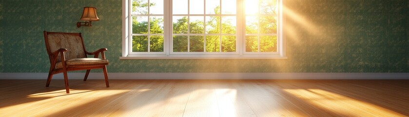 Poster - A wooden chair positioned in front of a large window with natural light streaming through