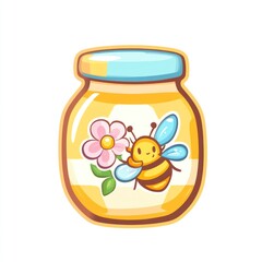 Poster - Cute bee hugging flower on honey jar, cheerful illustration for kids book use