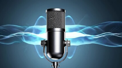 Poster - Sound waves dynamically flowing around classic microphone, visualizing audio recording process with vibrant waveform movement against dark backdrop representing professional sound design technology