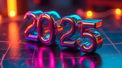 Poster - Colorful Reflection of Metallic Numbers 2025 on Floor with Artistic Lighting Creating a Festive Atmosphere for Future Celebrations and Events