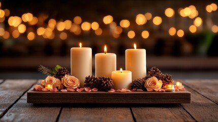 Poster - Three candles and a flower arrangement displayed on a wooden tray for home decoration and ambiance