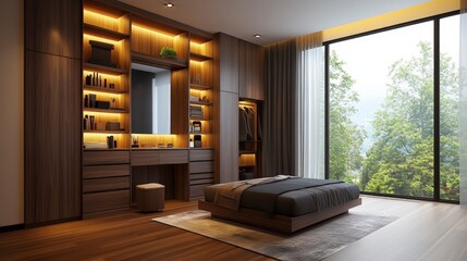 Poster - Spacious bedroom featuring a bed desk and large window with natural light streaming in