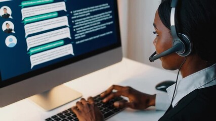 Poster - Professional customer service representative efficiently types on a keyboard and engages with clients using ai powered software, enhancing their support experience