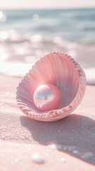 Aufkleber - A beautiful pink pearl nestled in a soft shell adorns the sandy shore as gentle waves kiss the beach, creating a tranquil and pastel-inspired atmosphere just before dusk