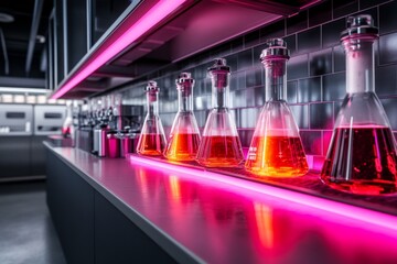 Poster - A neon-lit cyberpunk chemistry lab where scientists experiment with glowing liquids in high-tech glassware