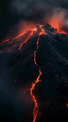 Poster - Glowing orange lava flows down the side of a dark volcano at night, illuminating the surrounding landscape with fiery sparks and molten rock