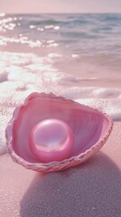 Aufkleber - Nestled gently in a delicate pink shell, a lustrous pearl catches the soft morning light on a serene beach. The pastel hues create a dreamy atmosphere, ideal for social media bliss