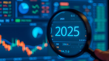 Poster - Close-Up View of Magnifying Glass Focusing on Financial Graphs and Projections for Year 2025 in Digital Stock Market Environment