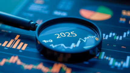 Poster - Magnifying Glass Focusing on Financial Data and Future Predictions for Year 2025 with Charts and Graphs Highlighting Market Trends