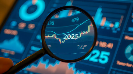Poster - Close-up of a magnifying glass focusing on a digital stock market chart displaying trends and projections for the year 2025