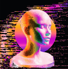 Aufkleber - Distorted and pixelated silhouette of a human face with a neon halo on a dark background. Conceptual vector illustration on the themes of artificial intelligence and internet identity.