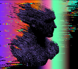 Aufkleber - Distorted and glitched silhouette of a human face on a dark background with neon colored pixels. Conceptual vector illustration on the themes of artificial intelligence and internet identity.