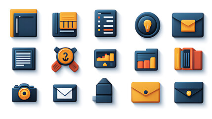 Flat design app icons, digital workspace, white background, software interface, website design