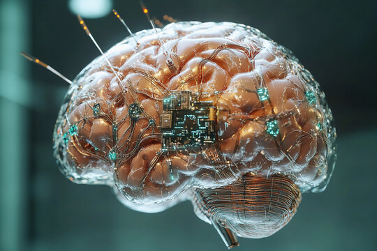 Futuristic brain design featuring circuit board elements merging technology with organic structure