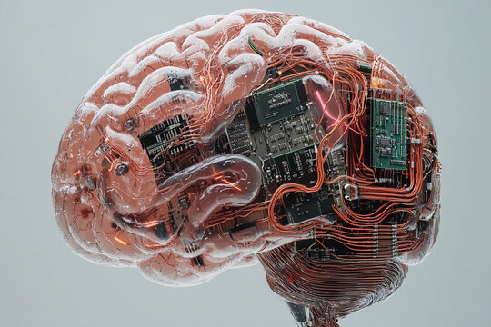 Futuristic brain design featuring circuit board elements merging technology with organic structure