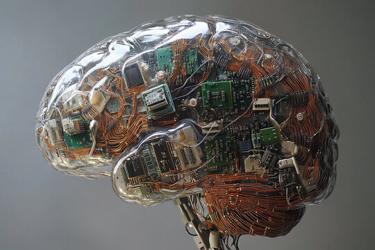 Futuristic brain design featuring circuit board elements merging technology with organic structure