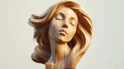 Wall Mural - Wood sculpture of a woman with flowing hair against a plain backdrop for artistic purposes