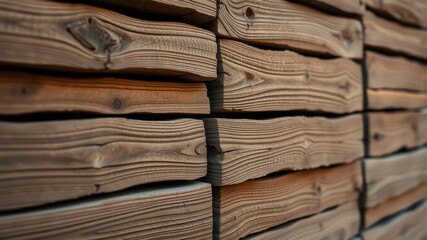 Wall Mural - Close-up view of a rustic, horizontally stacked wooden wall texture with natural grain patterns and subtle color variations