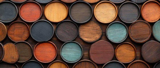 Poster - Variety of colorful wooden bowls stacked together in an artistic arrangement