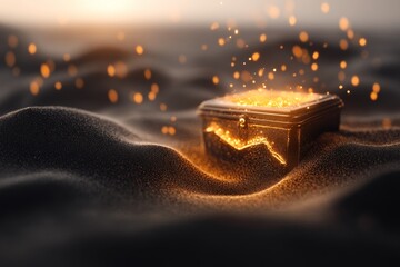 Poster - A sleek line-art drawing of a buried treasure chest with glowing light