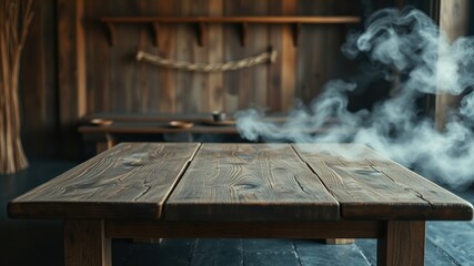 Wall Mural - Rustic wooden table with atmospheric smoke effect in a dimly lit interior