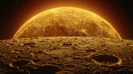 Wall Mural - stunning view of celestial body with golden hue, showcasing craters and surface details. atmosphere creates mesmerizing glow