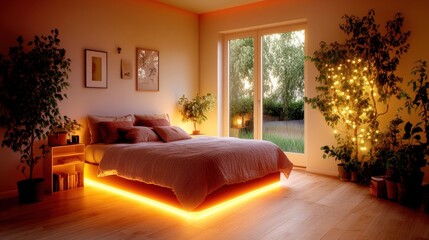 Poster - Cozy bedroom with a neatly made bed and a warm light illuminating the space