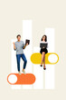 © deagreez - Exclusive image vertical photo collage of two happy business girl guy hold laptop stand switch chart statistics development