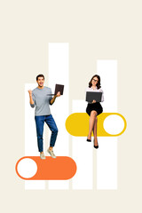 Poster - Exclusive image vertical photo collage of two happy business girl guy hold laptop stand switch chart statistics development