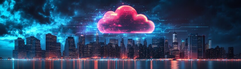 Poster - Cloud storage and digital network icons glowing over Manhattan skyline, visualizing advanced online data technology, cloud computing, and digital connectivity concepts