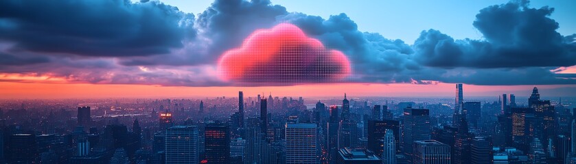 Poster - Cloud storage and digital network icons glowing over Manhattan skyline, visualizing advanced online data technology, cloud computing, and digital connectivity concepts