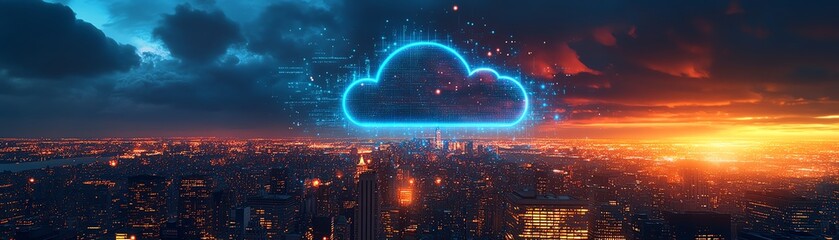 Poster - Cloud storage and digital network icons glowing over Manhattan skyline, visualizing advanced online data technology, cloud computing, and digital connectivity concepts