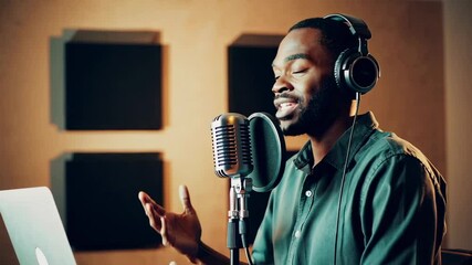 Poster - Professional podcast host wearing vintage headphones, speaking into classic microphone within recording studio, creating engaging audio content with passion and creative energy