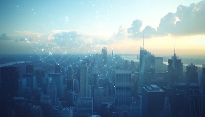 Poster - Digital network and cloud storage icons floating over Manhattan cityscape, representing online data technology, connectivity, modern cloud computing concept, futuristic skyline