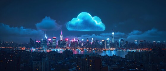 Poster - Digital network and cloud storage icons floating over Manhattan cityscape, representing online data technology, connectivity, modern cloud computing concept, futuristic skyline