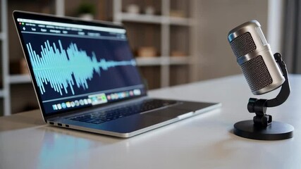 Poster - Modern podcast setup shows audio waveform displayed on a laptop screen with a professional microphone, ideal for content creators, podcasters, and online educators