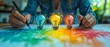 © Itsaree  - Graphic designer sketching new ideas, colorful light bulb drawings, brainstorming session, startup concept, creativity and innovation in the workplace, vivid design