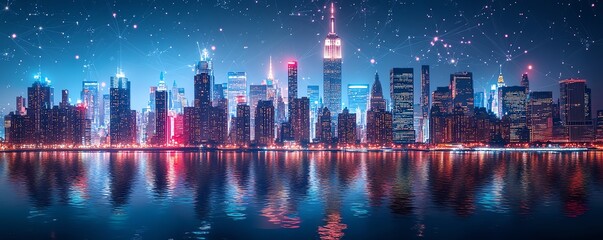 Poster - Manhattan cityscape with floating digital network and cloud storage icons, depicting online data technology, cloud computing, and modern connectivity in a smart city