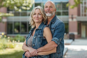 Portrait of a tender caucasian couple in their 40s wearing a rugged jean vest on modern university campus background