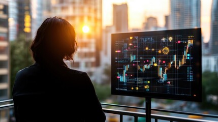 Poster - Woman working on a computer with a cityscape view from an office window during the daylight hours
