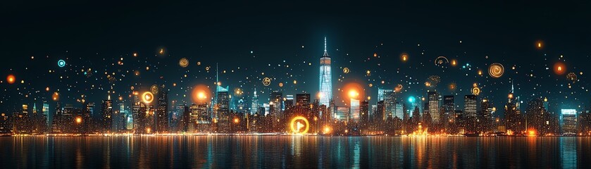 Poster - Manhattan skyline illuminated by digital network and cloud icons, showcasing online data flow, cloud storage, and connectivity in a smart city tech concept