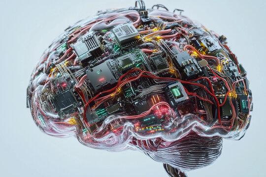 Futuristic brain design featuring circuit board elements merging technology with organic structure