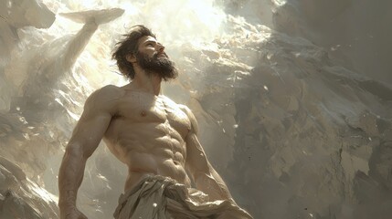 Poster - heroic figure battling nature's fury dramatic landscape digital art mythical environment dynamic vie