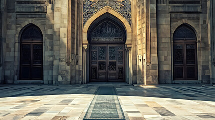 Aufkleber - Exquisite Mosque Architecture with Traditional Stone Facade and Ornate Wooden Doors : Generative AI