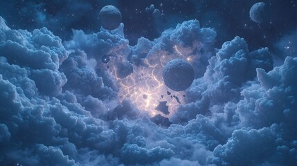 Poster - Cosmic storm unfolding over celestial clouds digital art surreal environment aerial view imagination
