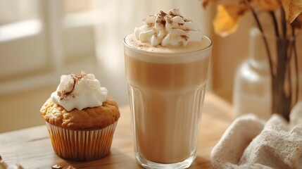 Wall Mural - Latte and Cupcake with Creamy Topping on Wooden Table, Food Still Life