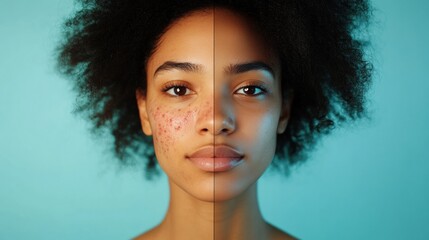 Poster - Comparison of skin conditions showing acne and smooth skin with space for text. Generative AI
