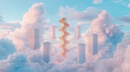 Poster - Surreal spiral staircase ascending through clouds dreamlike landscape digital art ethereal atmosphere aerial view
