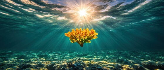 Poster - Coral reef underwater scene with sunlight filtering through the ocean water surface